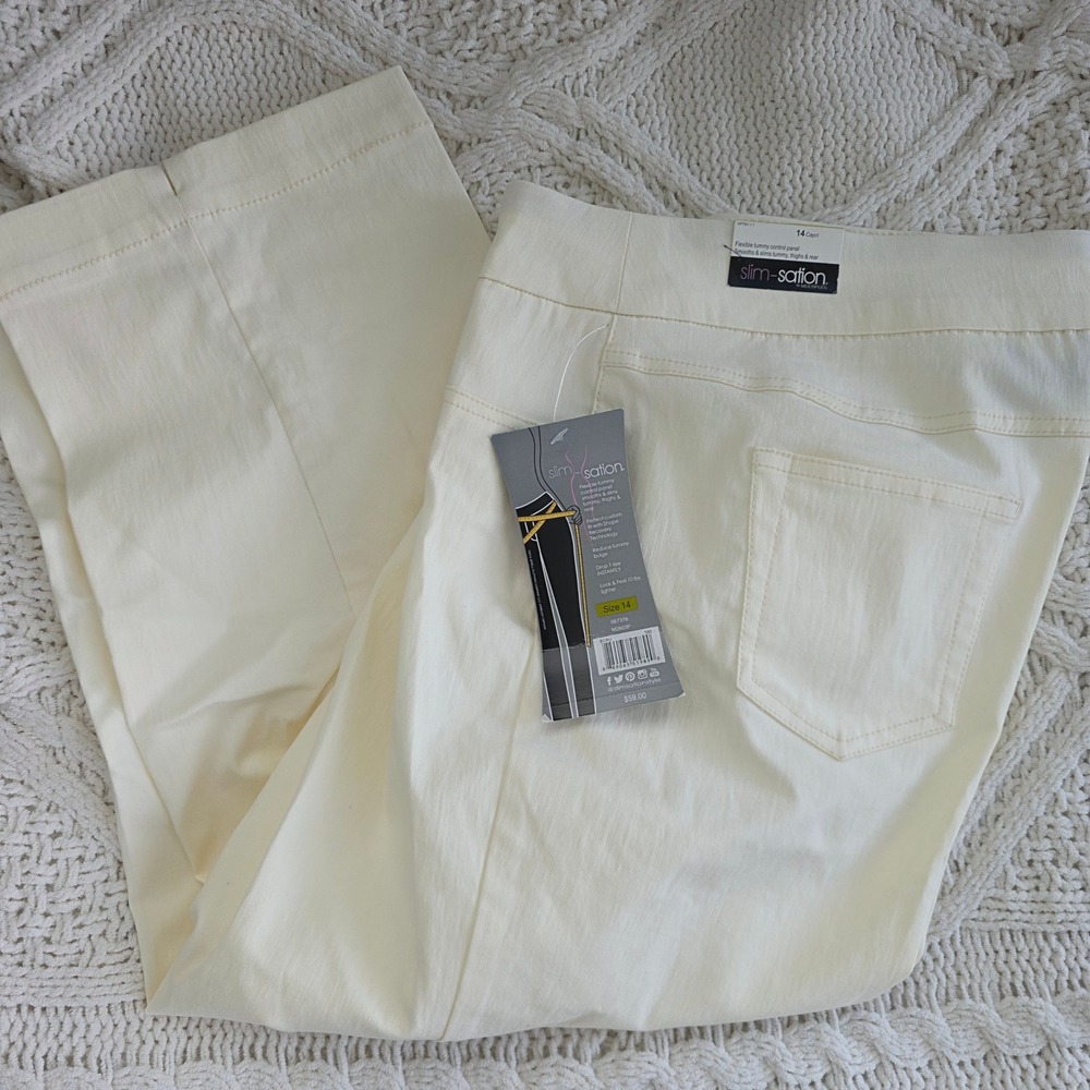 Slim-Sation Capri Pants Ecru Ivory‎ Tummy Control Pull On Womens 14 NWT